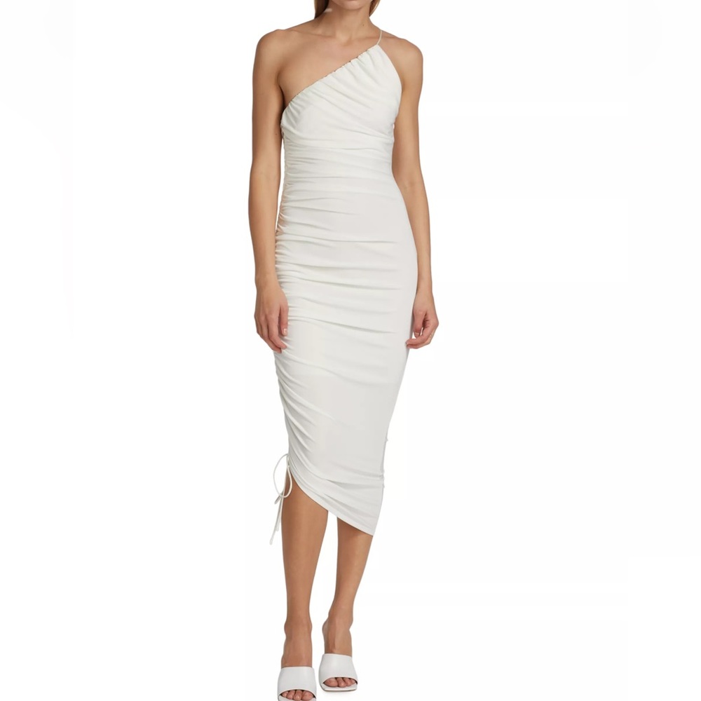 CINQ A SEPT RUCHED ONE SHOULDER MIDI DRESS